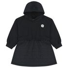 Girls Black Bokeh Flower Logo Hooded Dress, 1, hi-res
