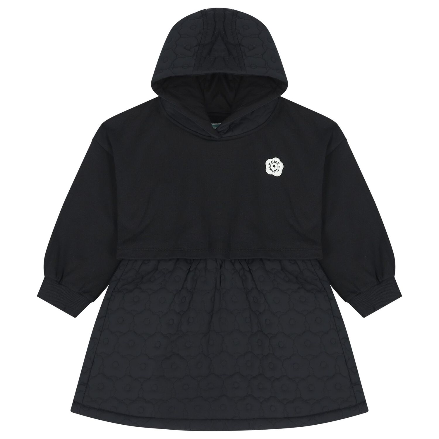 Girls Black Bokeh Flower Logo Hooded Dress, 1, hi-res