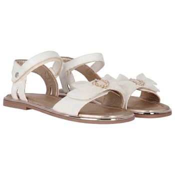 Girls White & Gold Leather Tulle Bow Sandal