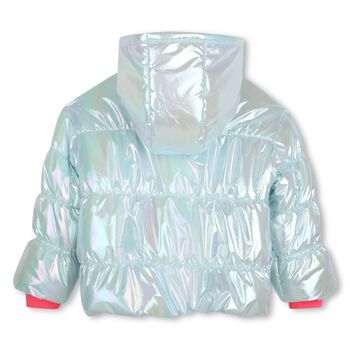 Girls Silver Iridescent Heart Puffer Jacket