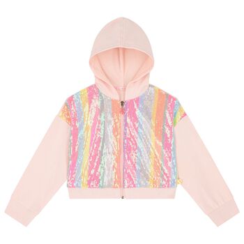 Girls Pink Sequin Hooded Zip Up Top