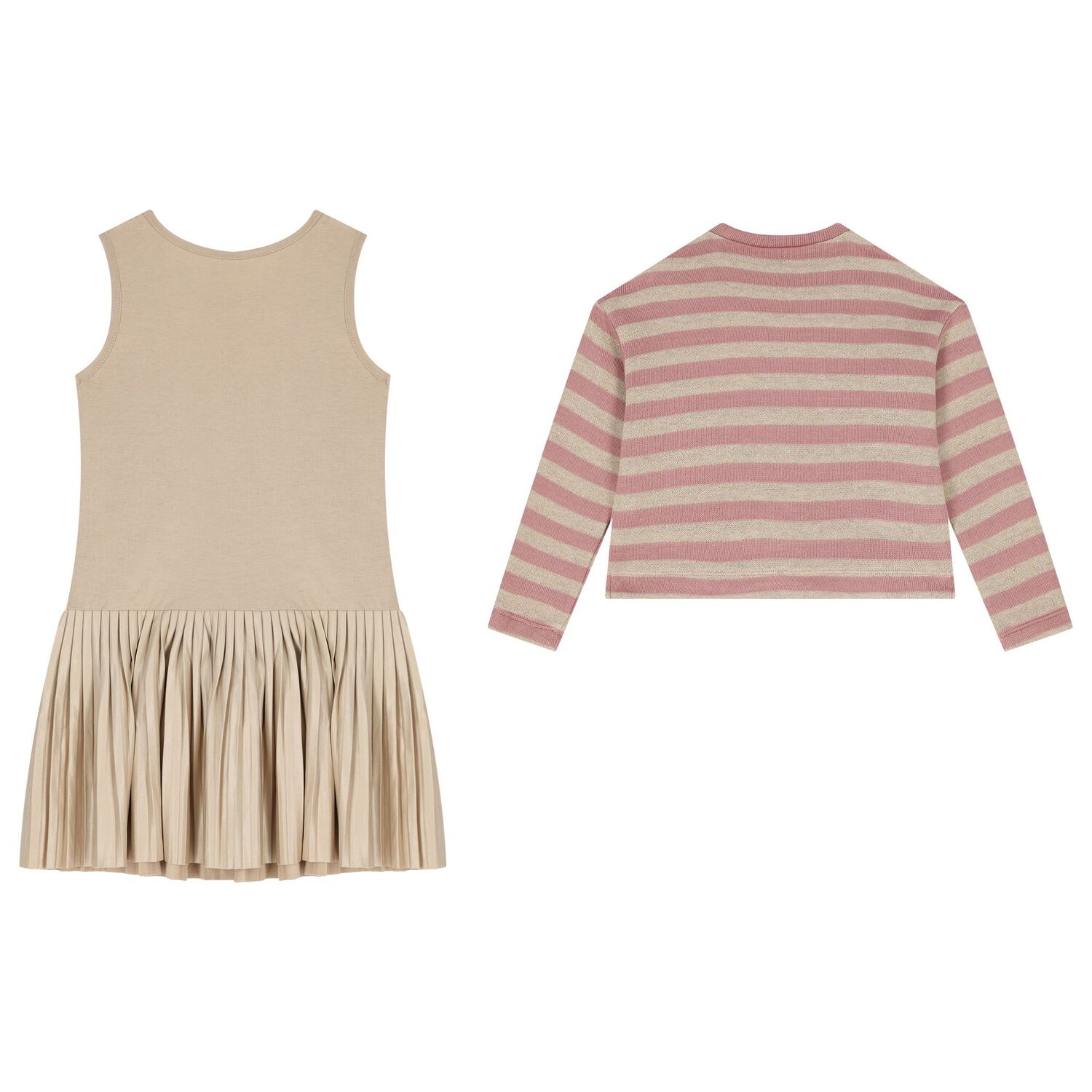 Girls Pink & Beige Striped Dress Set, 1, hi-res image number null
