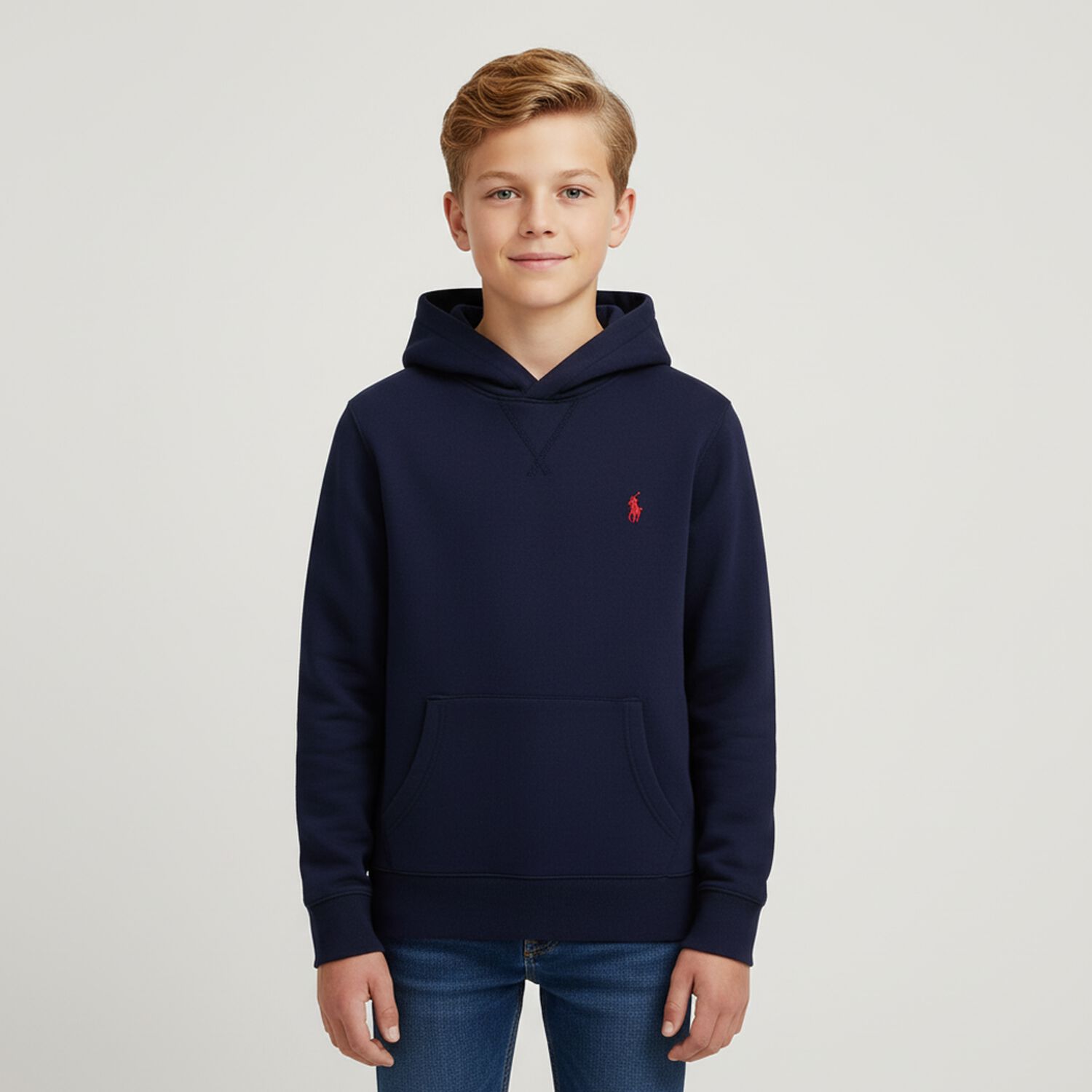 Boys Navy Blue Logo Hooded Top, 1, hi-res