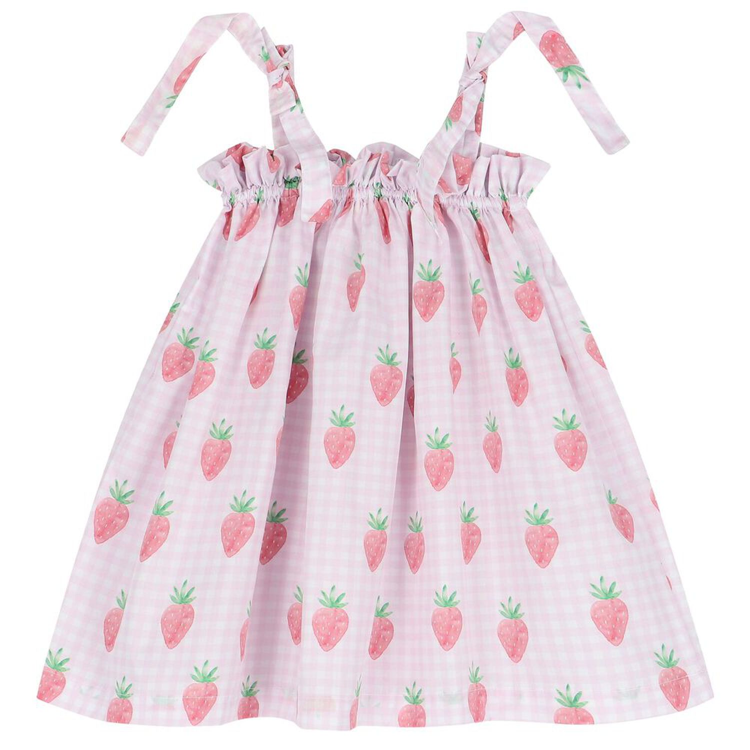 Girls White & Pink Gingham Strawberries Beach Dress, 4, hi-res