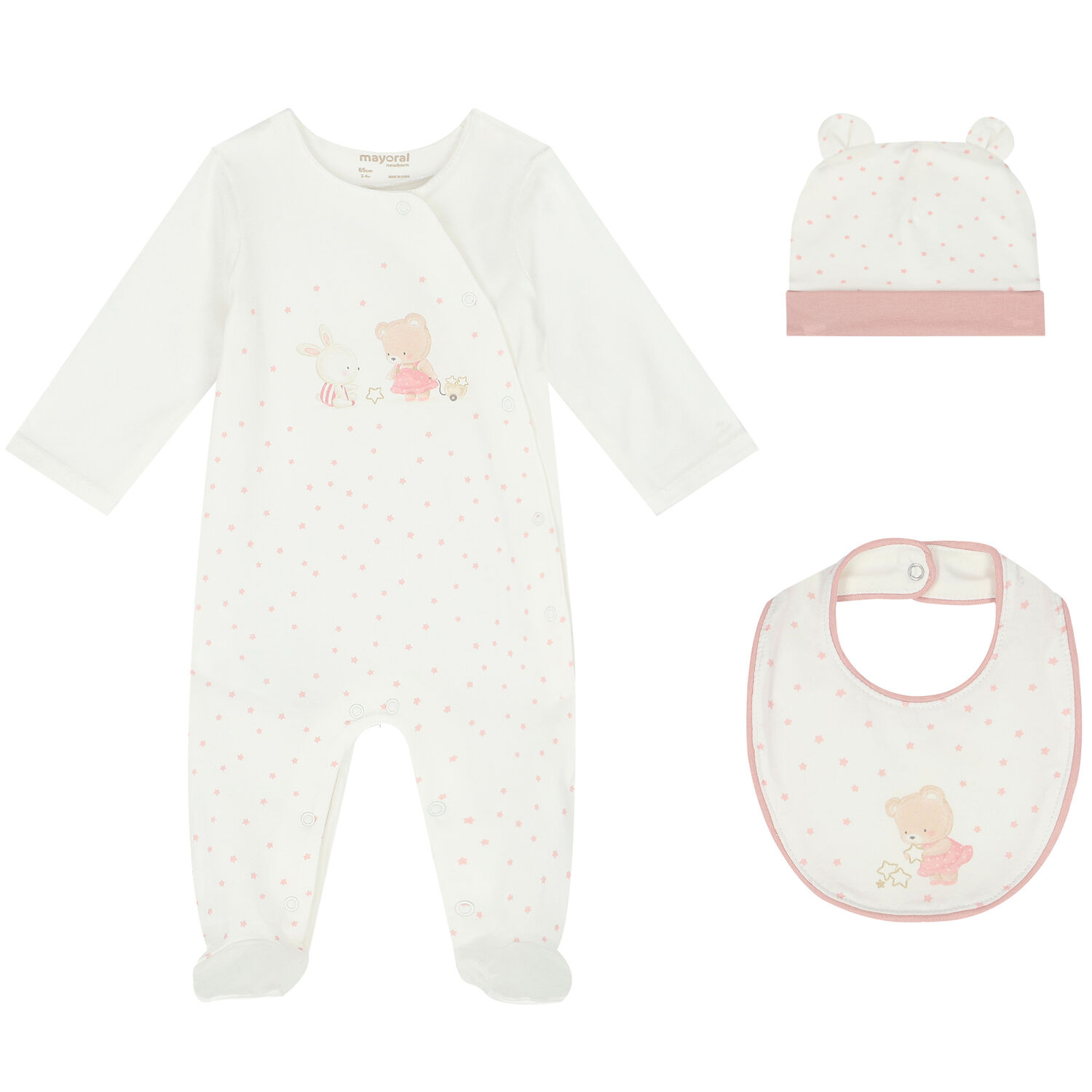 Girls Ivory & Pink Babygrow, Hat & Bib Set, 1, hi-res