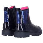 Girls Navy Blue Faux Leather Boots , 1, hi-res
