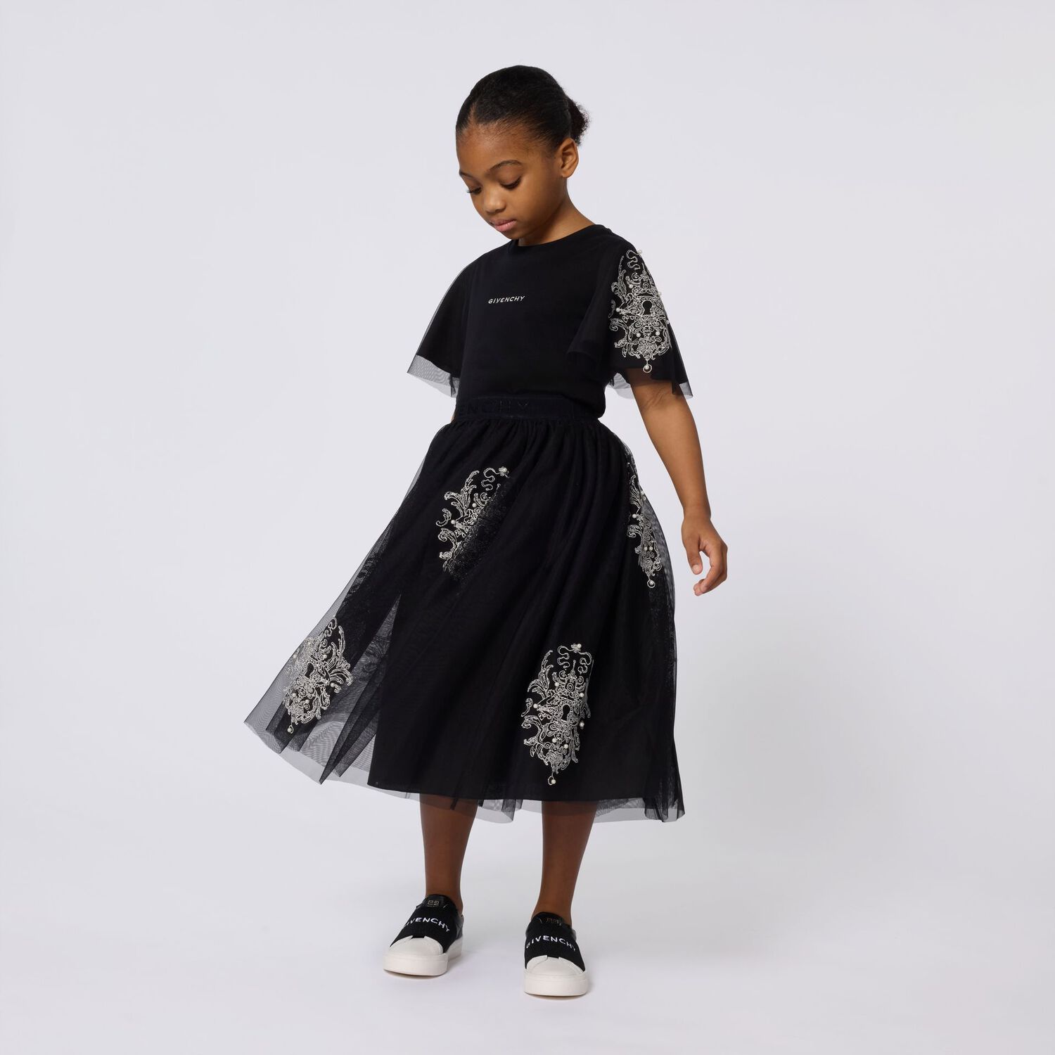 Girls Black Embellished Tulle Skirt, 1, hi-res image number null