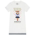 Girls White Teddy Bear Logo Dress, 1, hi-res