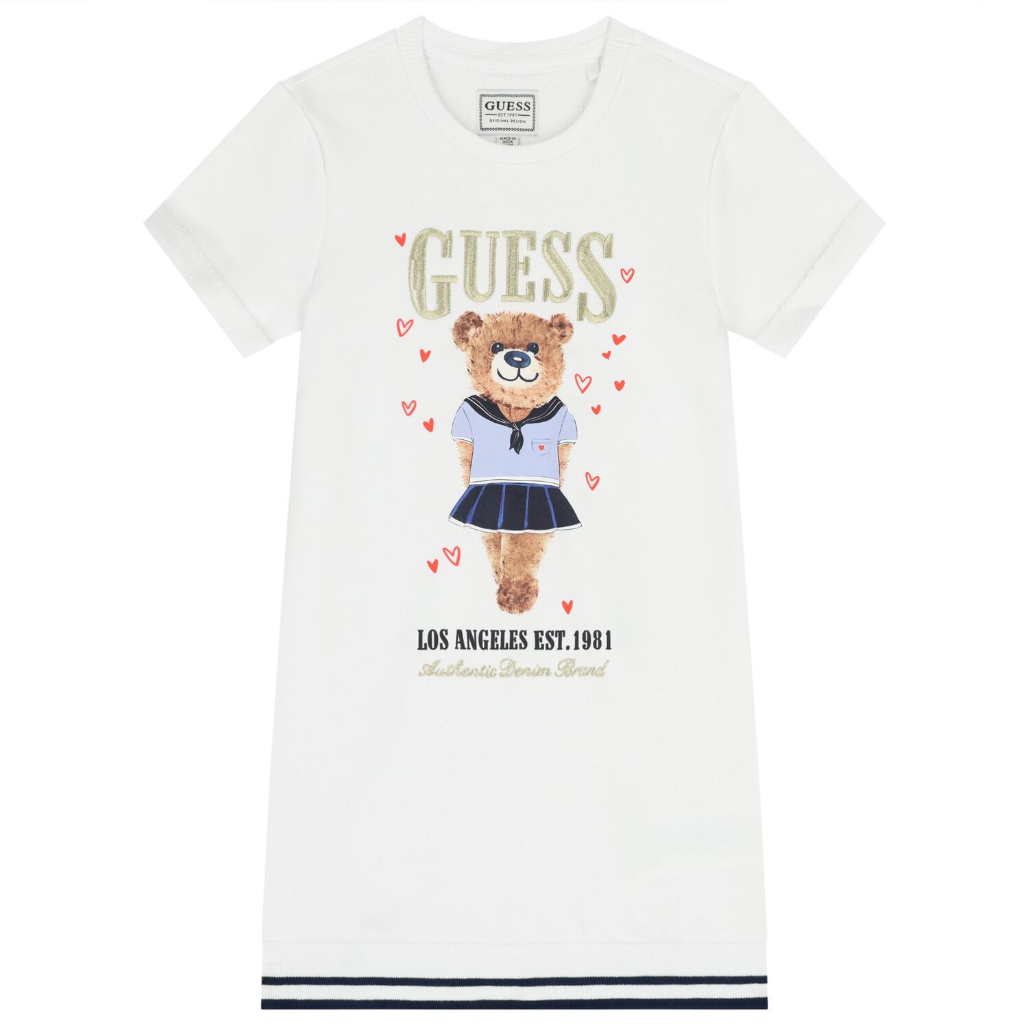 Girls White Teddy Bear Logo Dress, 1, hi-res