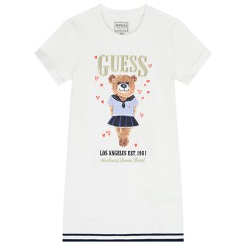 Girls White Teddy Bear Logo Dress
