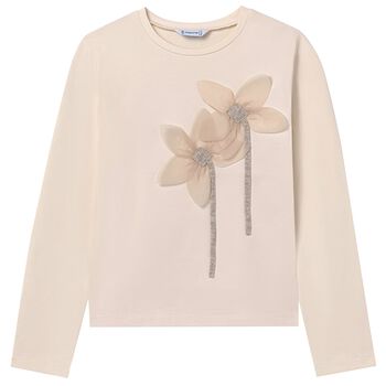 Girls Beige Flower Long Sleeve Top