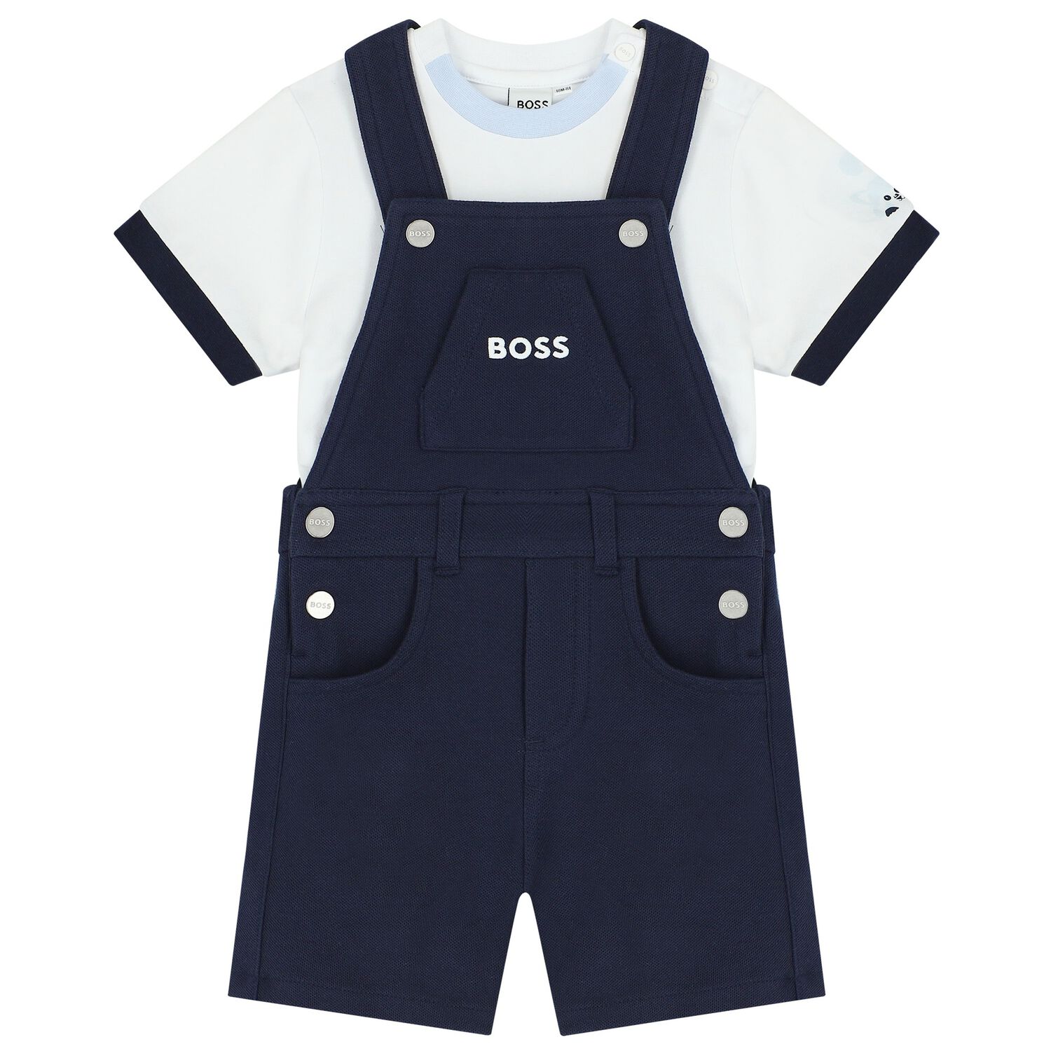 Baby Boys White & Navy Blue Logo Dungaree Set, 2, hi-res image number null