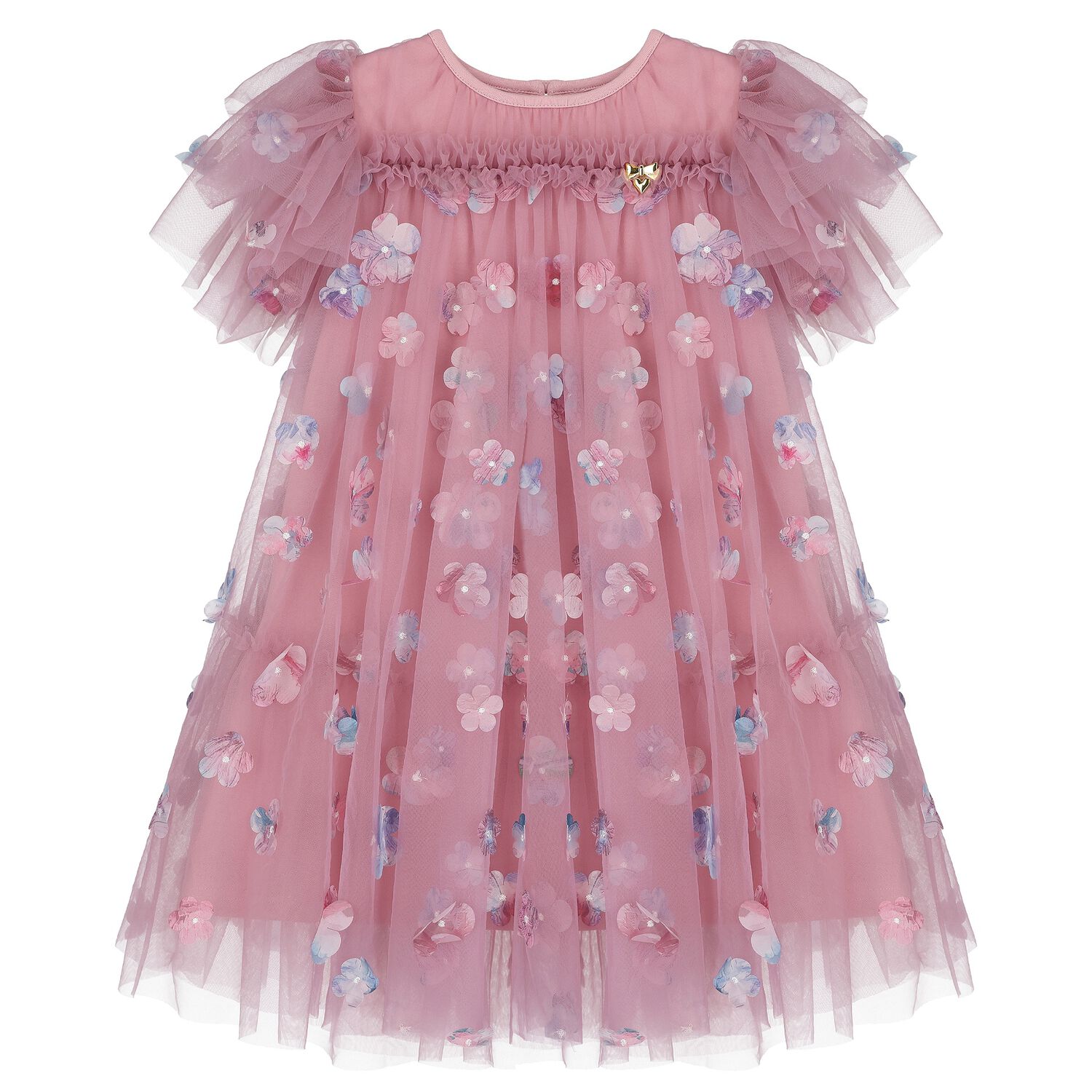 Girls Pink Tulle Flowers Dress, 1, hi-res