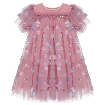 Girls Pink Tulle Flowers Dress