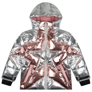Girls Silver Metallic Star Puffer Jacket