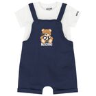 Younger White & Navy Blue Teddy Bear Logo Dungaree Set, 1, hi-res