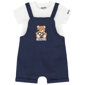 Younger White & Navy Blue Teddy Bear Logo Dungaree Set