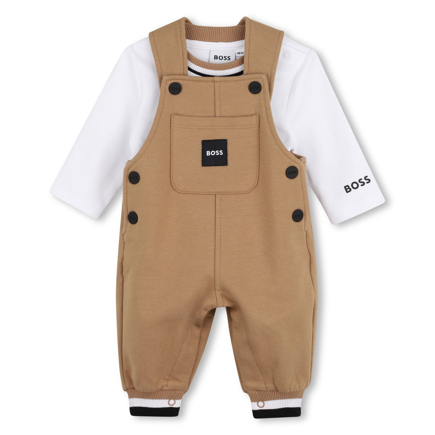 Baby Boys Beige & White Logo Dungaree Gift Set, 1, hi-res