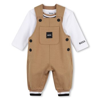 Baby Boys Beige & White Logo Dungaree Gift Set