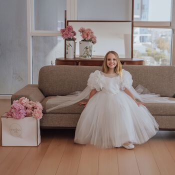 Girls Cendice White Organza Floral & Tulle Cape Dress
