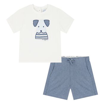 Younger Boys White & Blue Puppy Shorts Set
