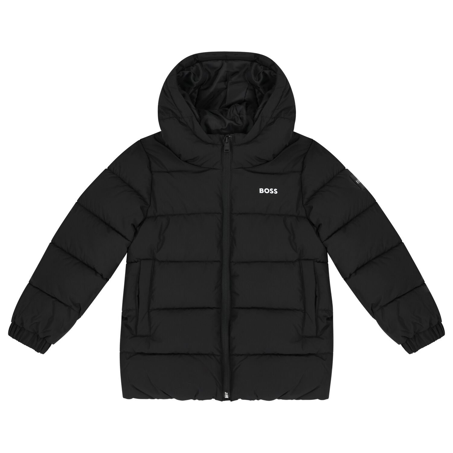 Boys Black Logo Puffer Jacket, 1, hi-res