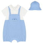 Baby Boys White & Blue Romper & Hat Set, 2, hi-res