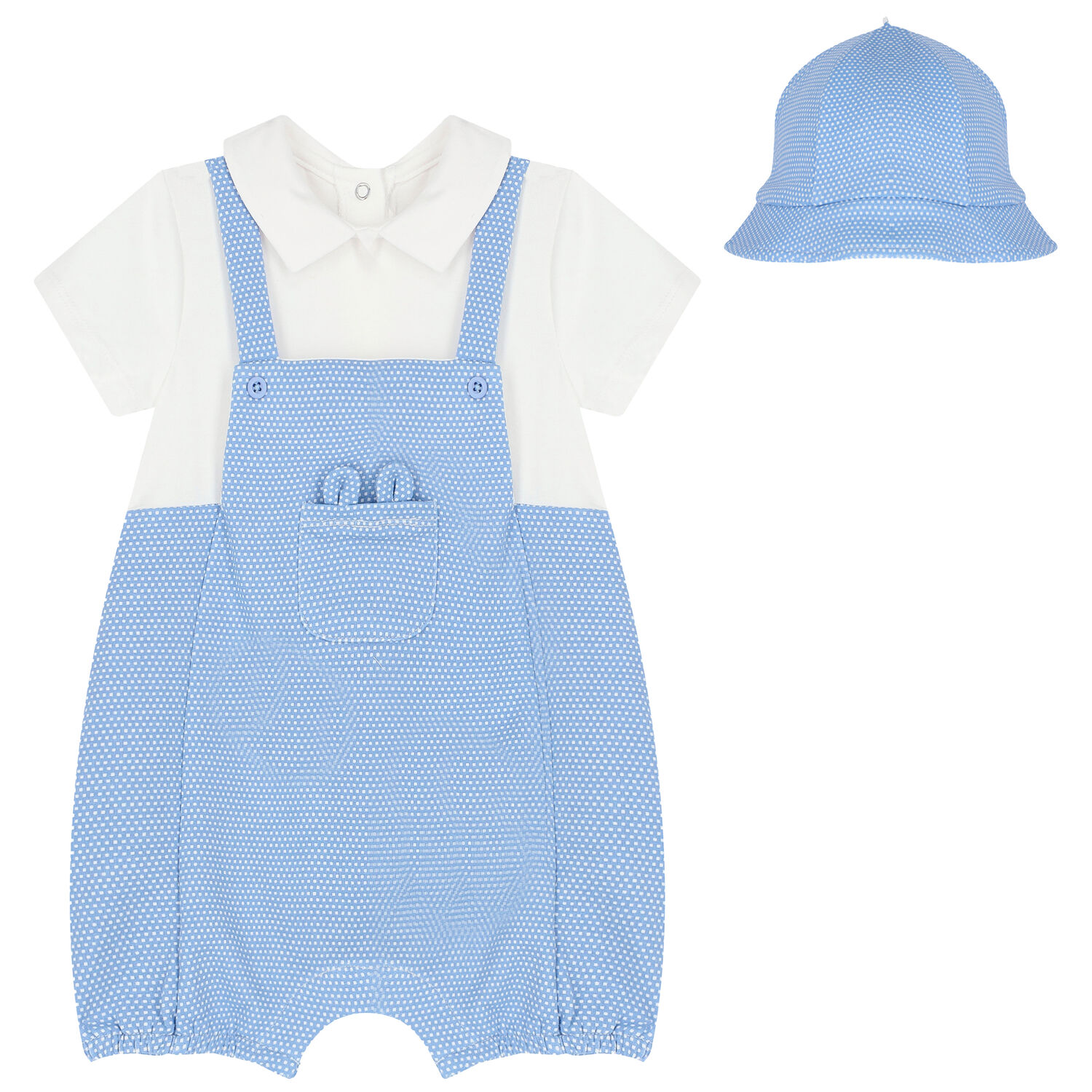 Baby Boys White & Blue Romper & Hat Set, 2, hi-res