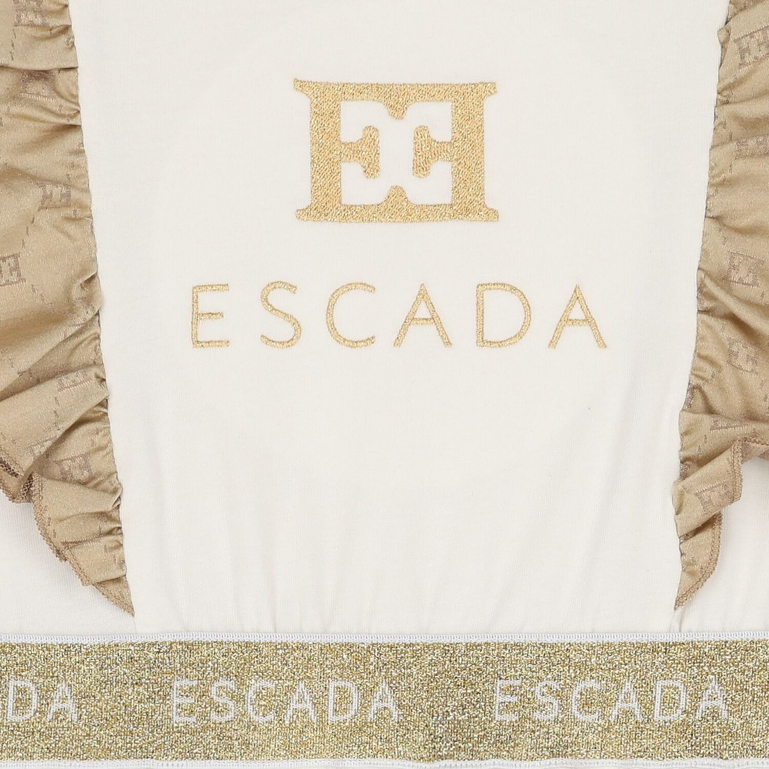 Girls Ivory & Gold Logo Ruffled Dress, 1, hi-res