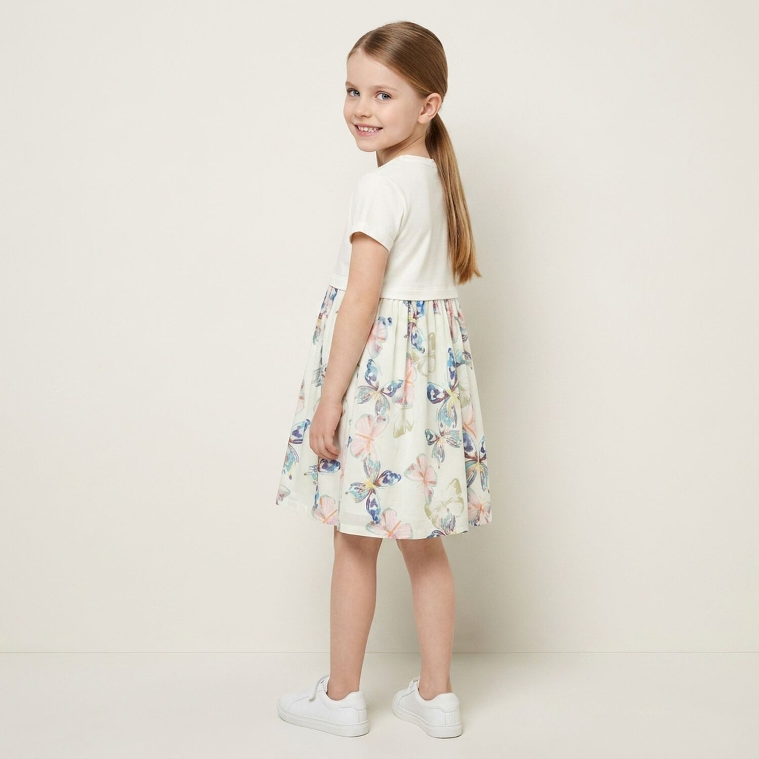 Younger Girls Ivory Butterflies Logo Dress, 1, hi-res