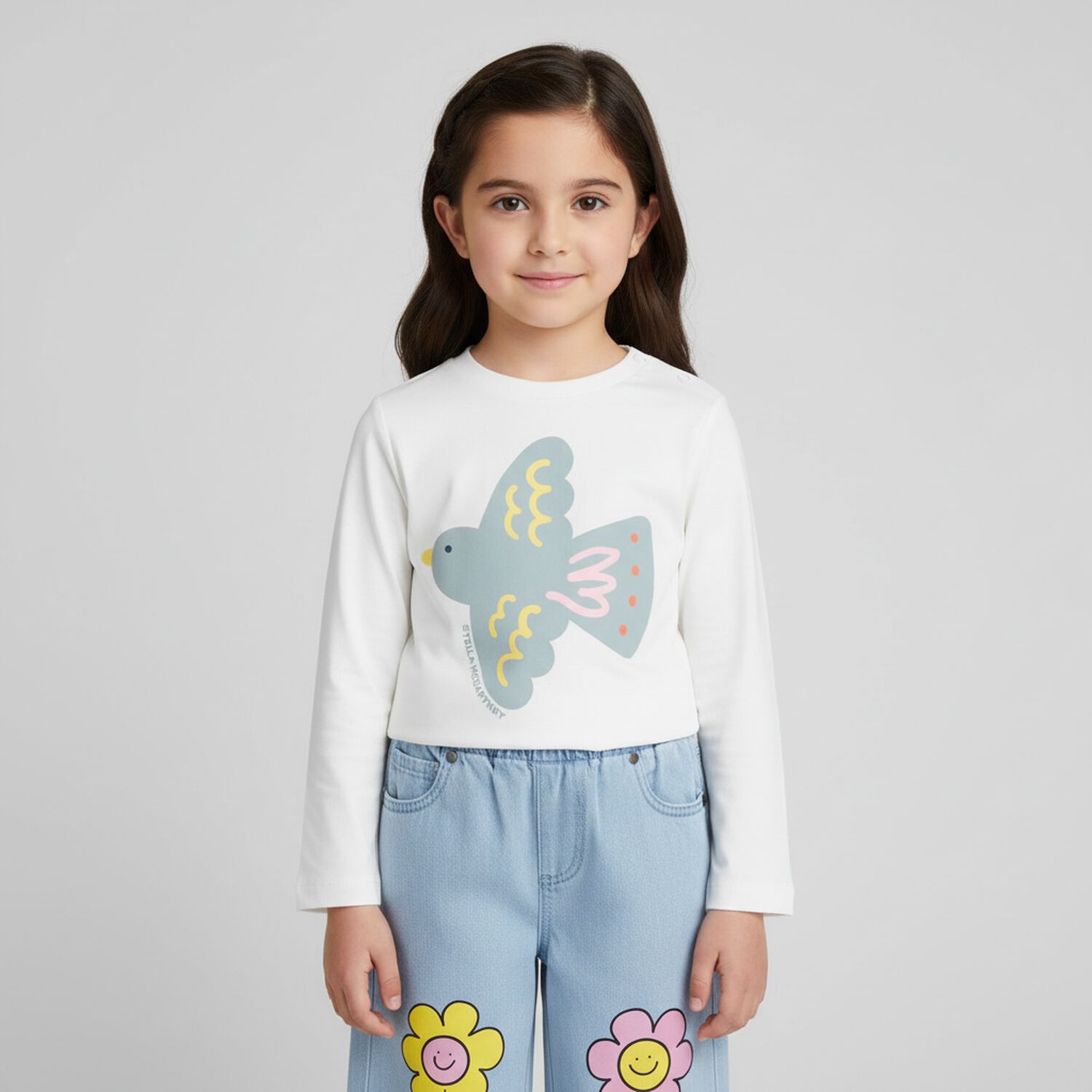Younger Girls Ivory Bird Long Sleeve Top, 1, hi-res image number null