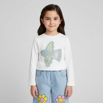 Younger Girls Ivory Bird Long Sleeve Top