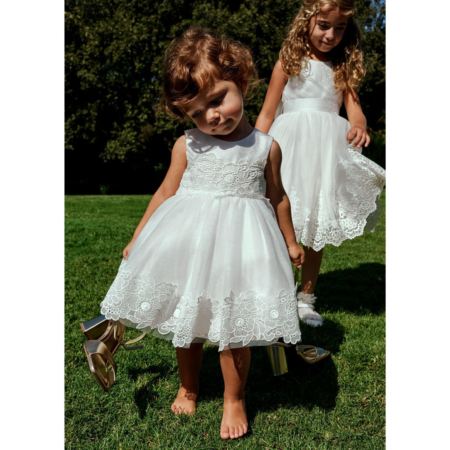 Younger Girls White Embroidered Tulle Dress, 1, hi-res image number null