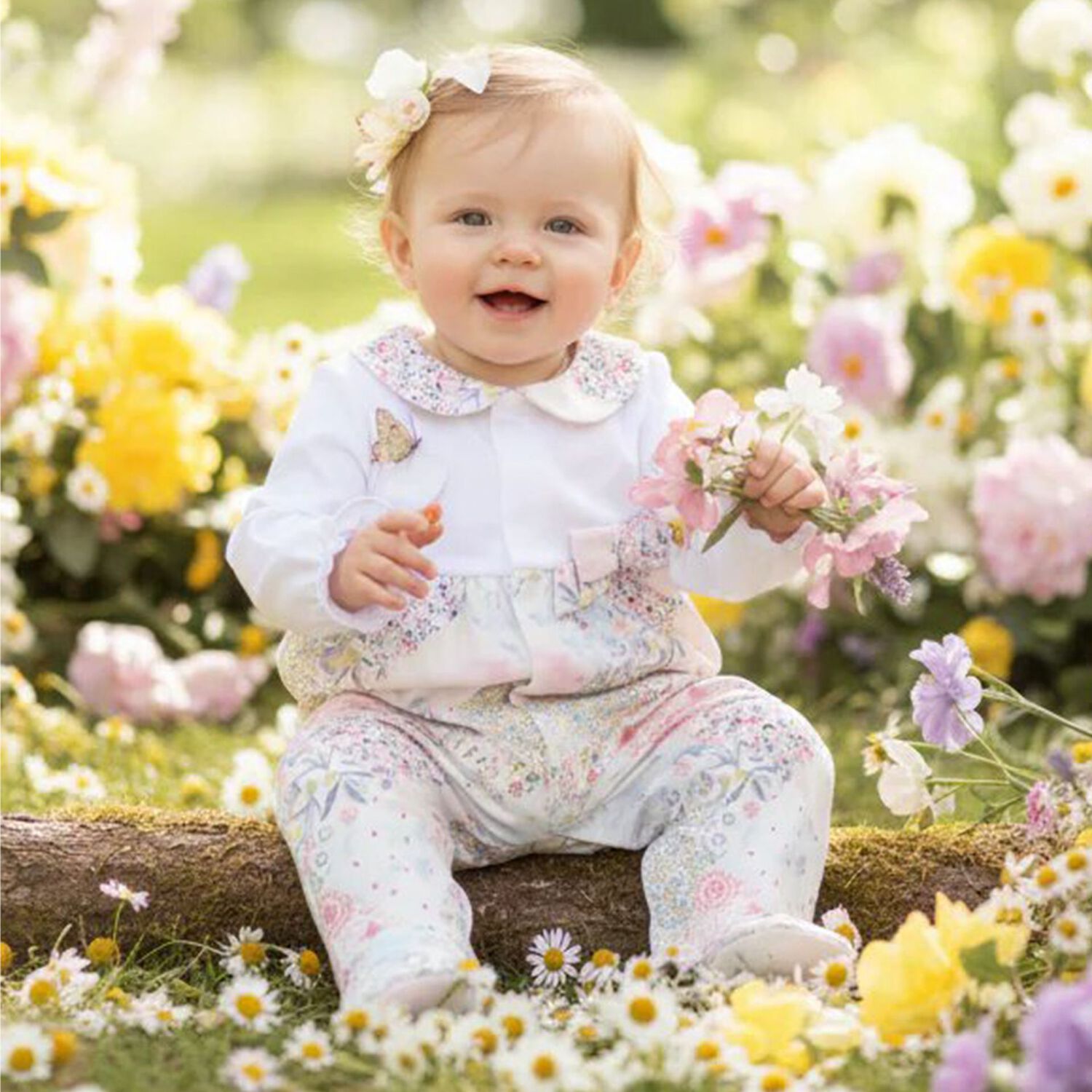 Baby Girls White & Pink Floral Babygrow, 1, hi-res