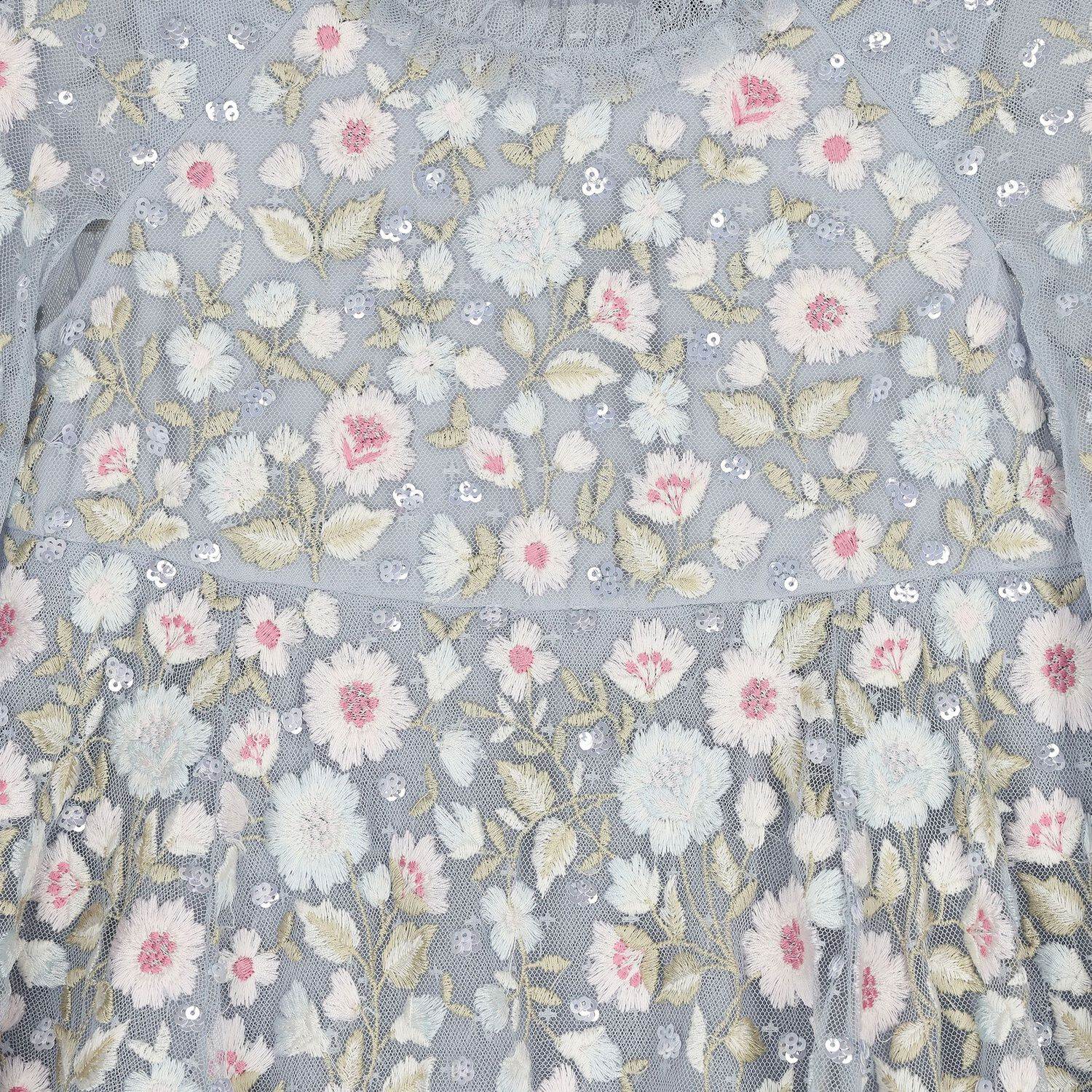 Girls Blue Floral Tulle Cape Dress, 1, hi-res