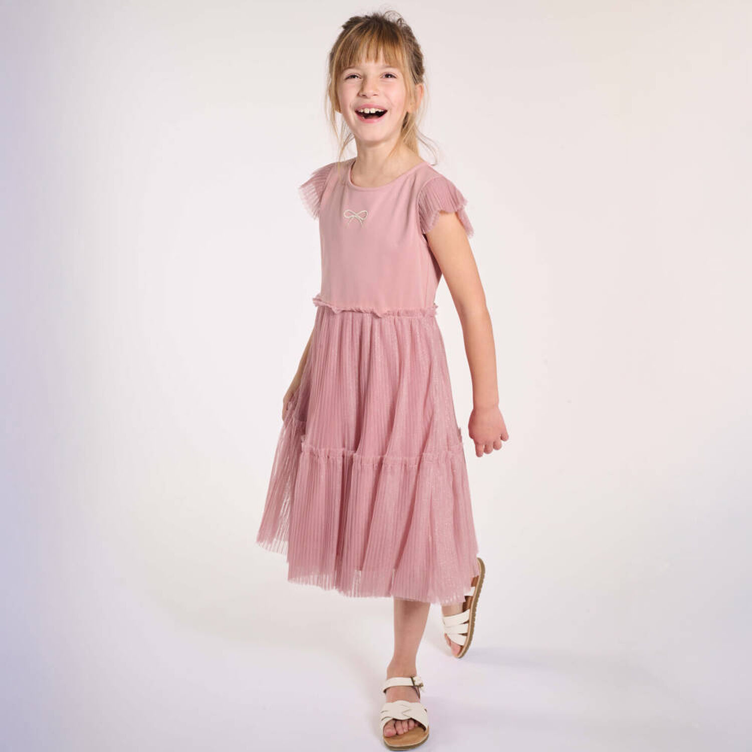 Girls Pink Bow Pleated Tulle Dress, 1, hi-res image number null