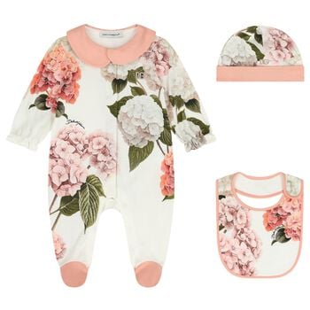 Baby Girls Ivory & Pink Floral Logo Babygrow Gift Set