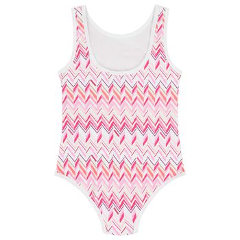 Younger Girls White & Pink Zig Zag Swimsuit