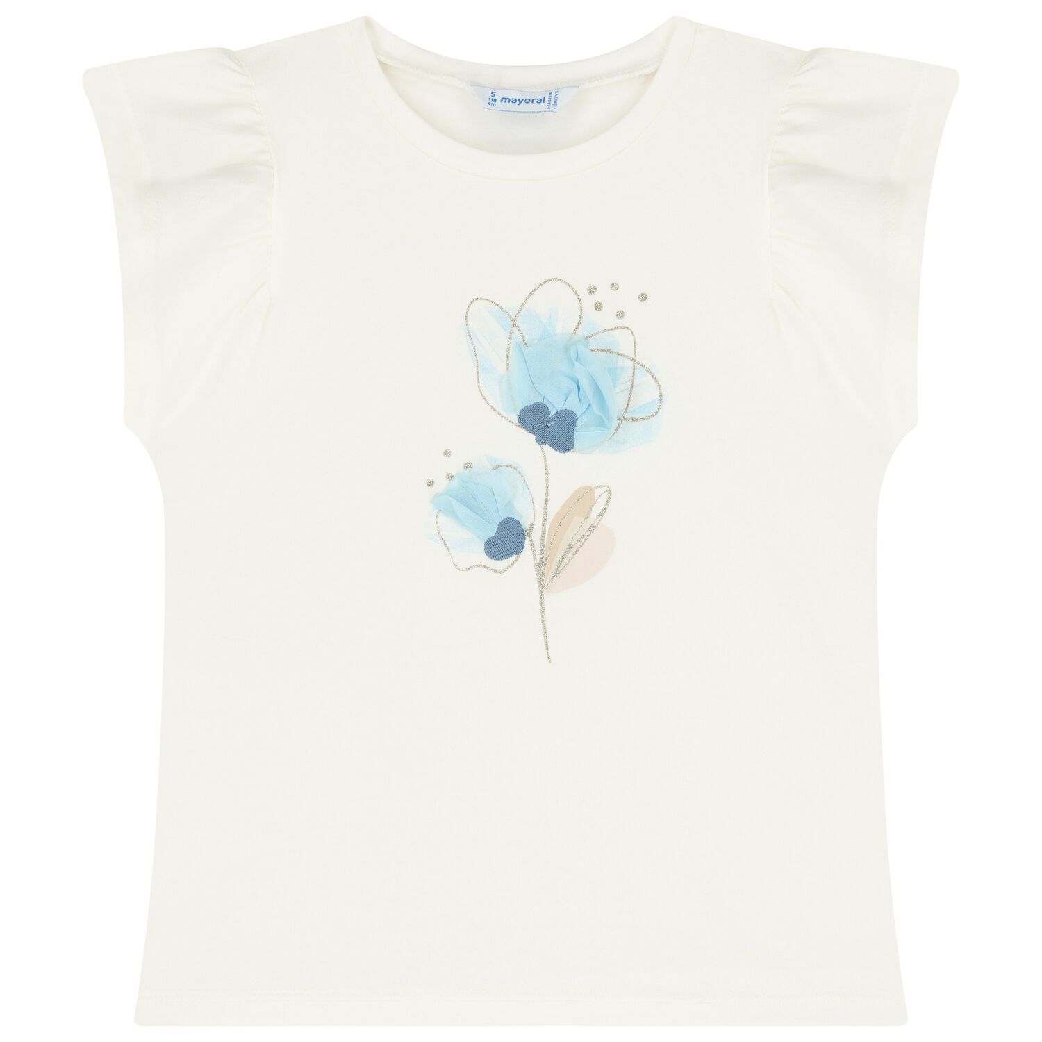 Girls Ivory Cotton & Blue Floral Print T-Shirt, 1, hi-res image number null