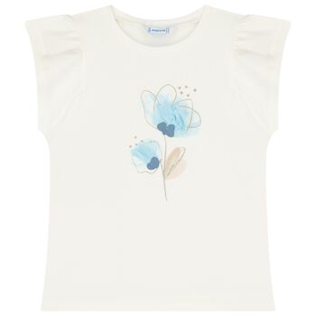 Girls Ivory Cotton & Blue Floral Print T-Shirt