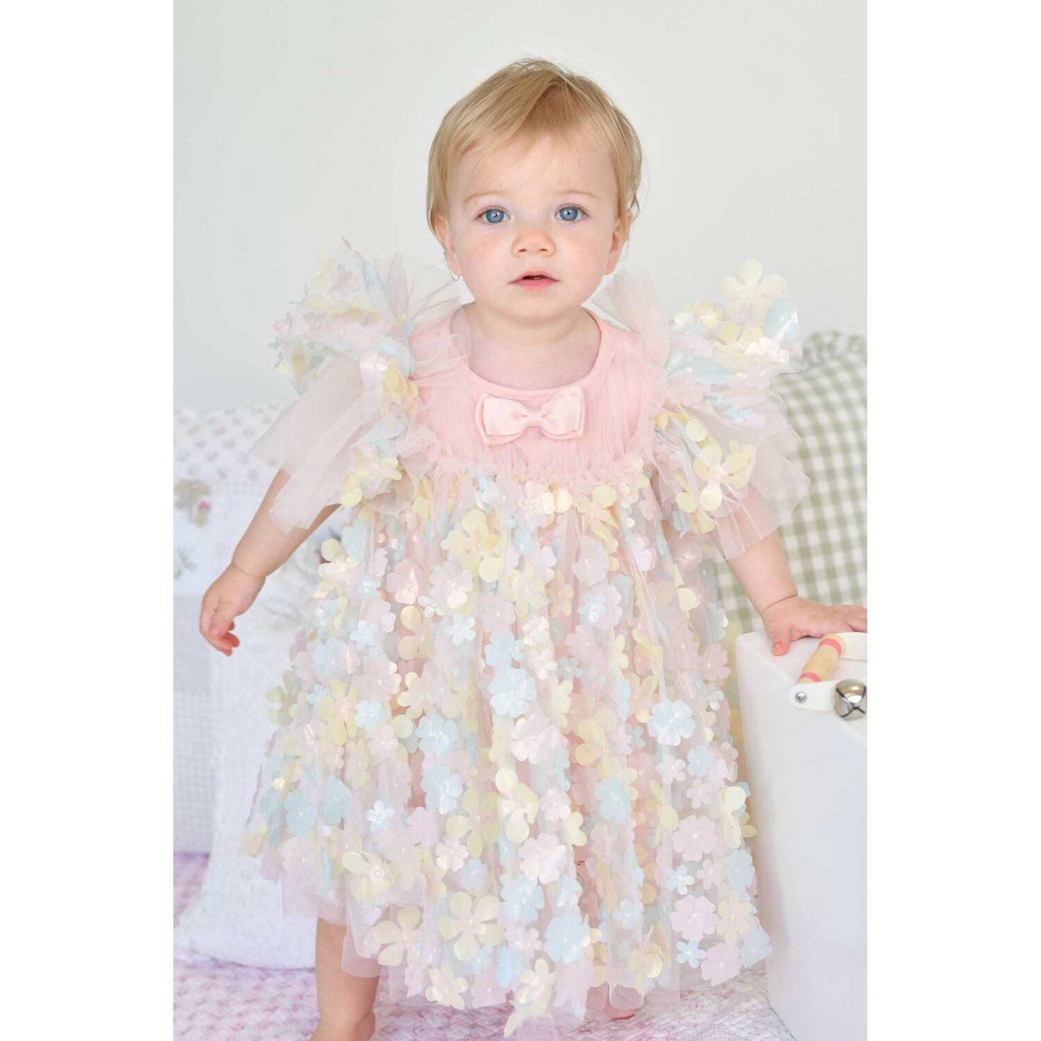 Baby Girls Pink Tulle Flowers Dress, 1, hi-res