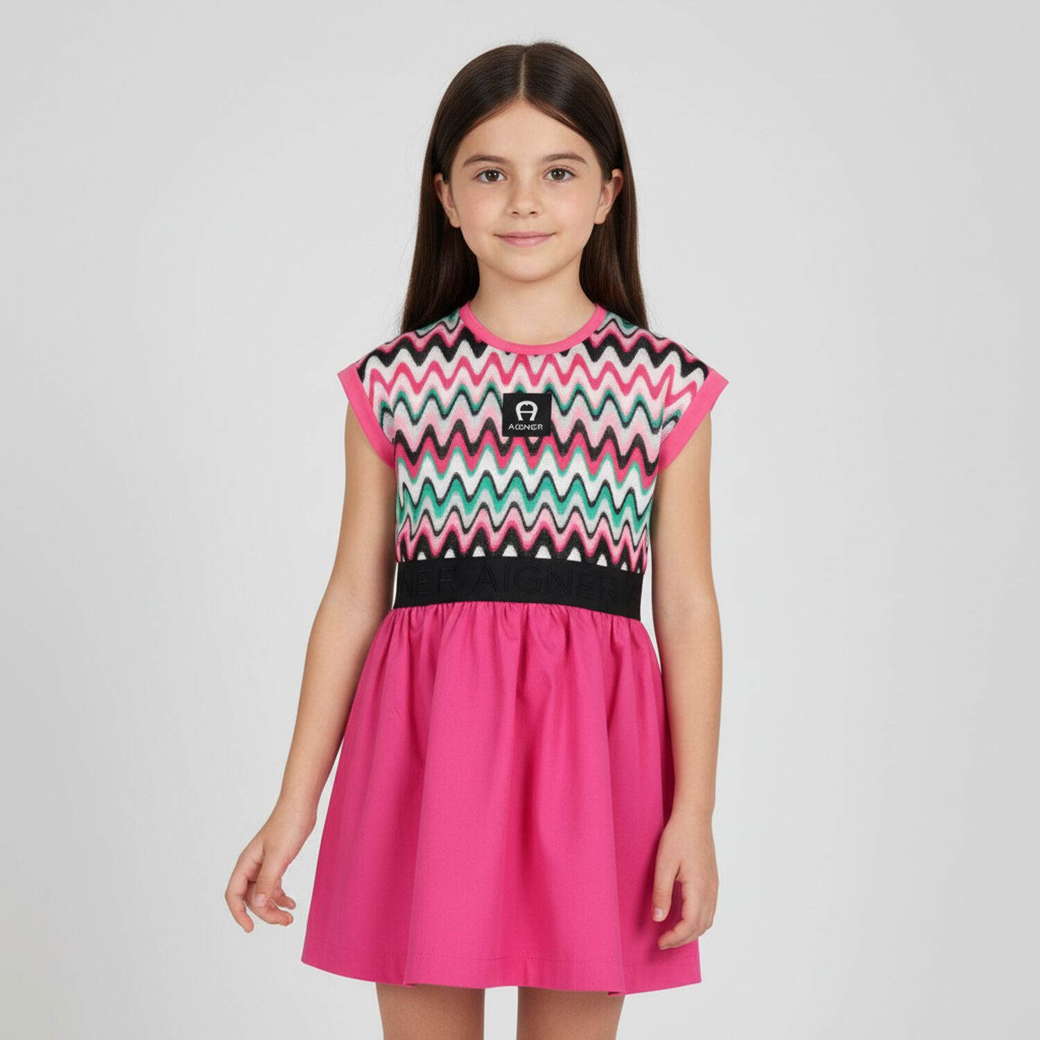 Girls Pink Logo Zig-Zag Dress, 1, hi-res