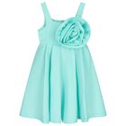 Girls Aqua Satin Floral Applique Dress, 1, hi-res