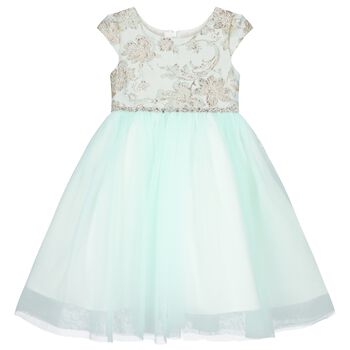 Girls Green Floral Jacquard Dress