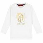 Younger Boys White & Gold Logo Long Sleeve Top, 2, hi-res