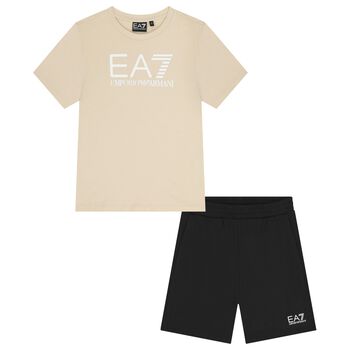 Boys Beige & Black Logo Shorts Set