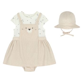 Baby Girls Beige & Ivory Teddy Bear Dungaree Dress Set
