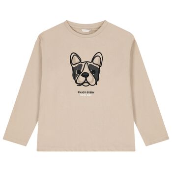 Boys Beige French Bulldog Long Sleeve Top