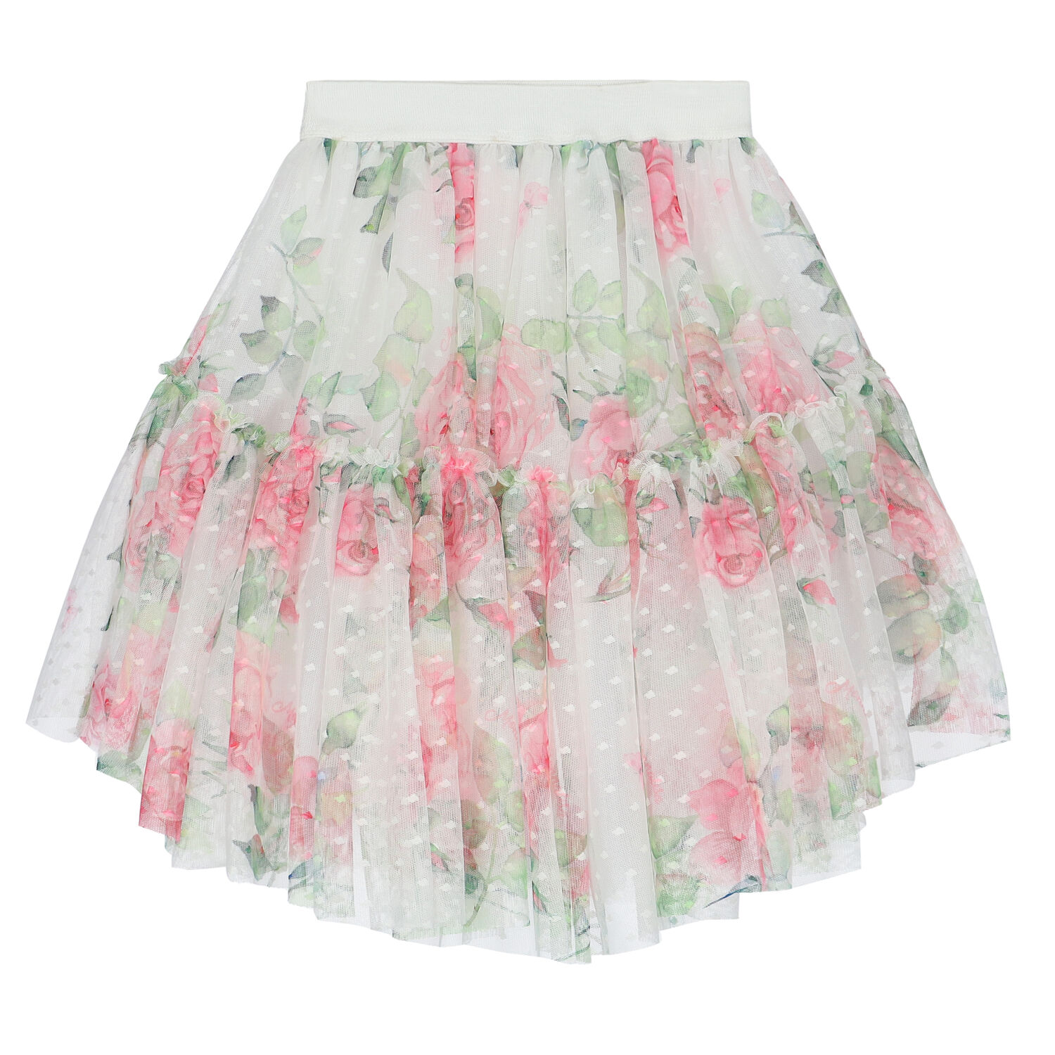Girls White Floral Tulle Skirt, 1, hi-res