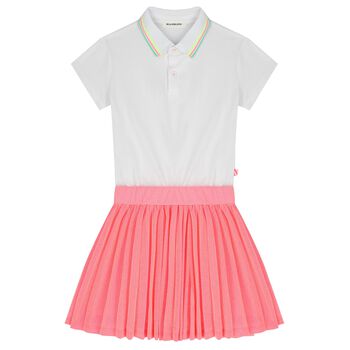 Girls White & Neon Pink Pleated Dress